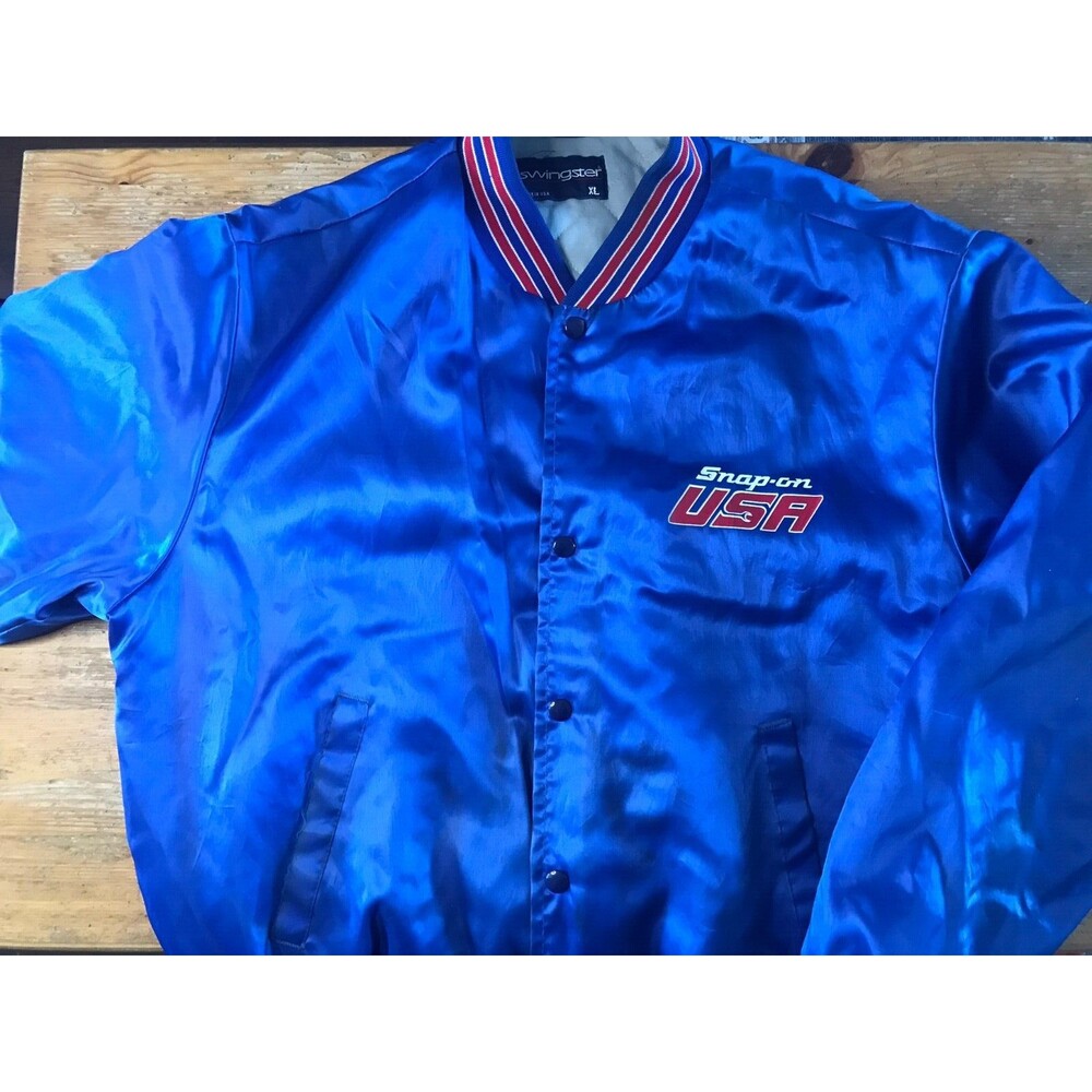 Vintage Snap-on Tools Jacket Blue Satin Snap Front XL Swingster Made In USA